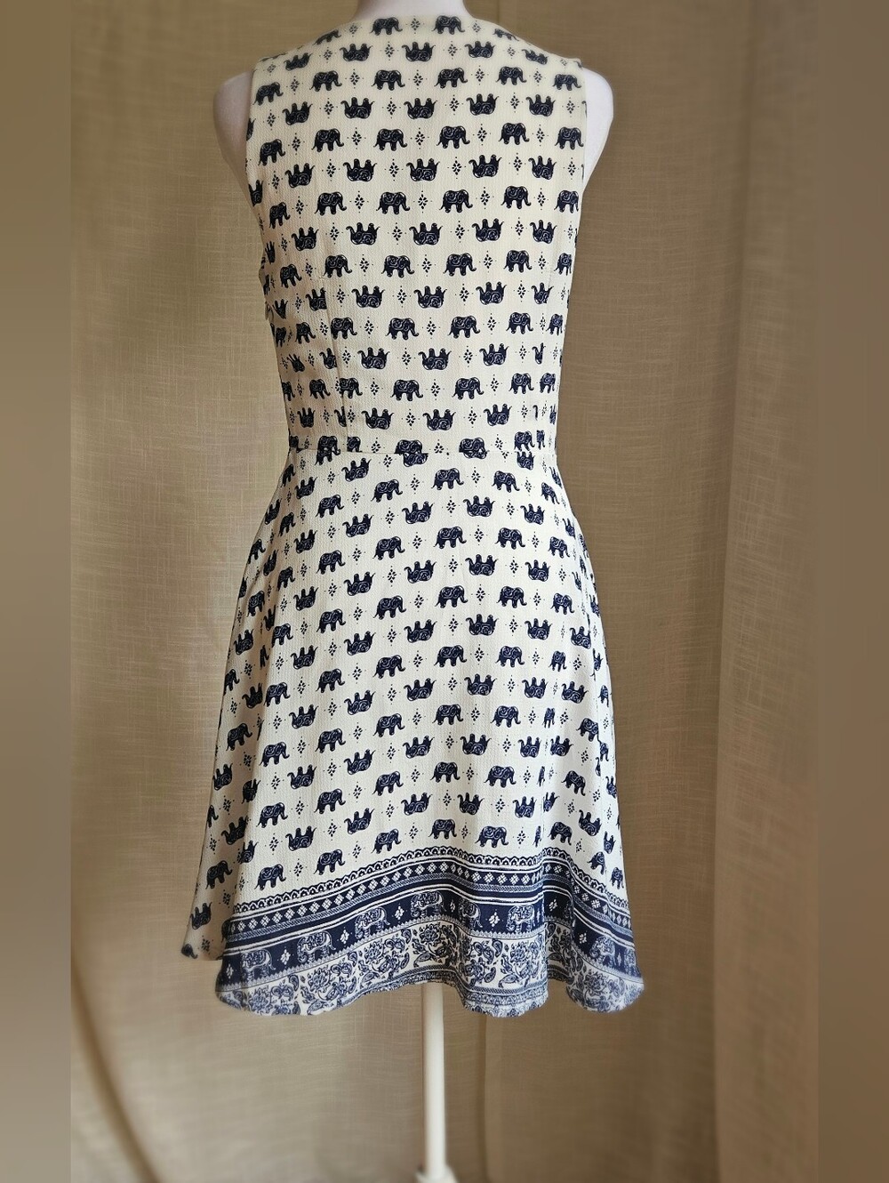 L.A. SOUL Elephant Print Sleeveless Sun Dress Blue White Paisley Border Size S - Picture 6 of 16